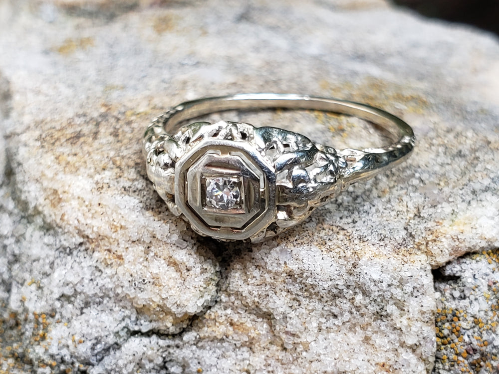 Art Deco Diamond Engagement Ring / White Gold Filigree Diamond Ring / Antique Engagement Ring