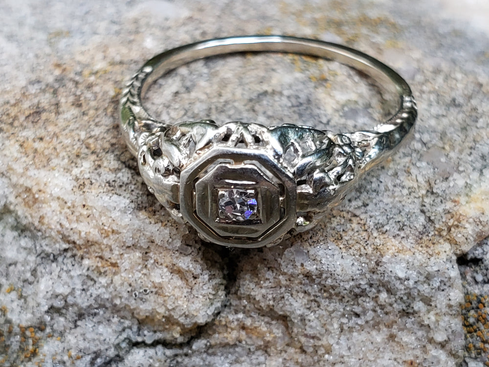 Art Deco Diamond Engagement Ring / White Gold Filigree Diamond Ring / Antique Engagement Ring