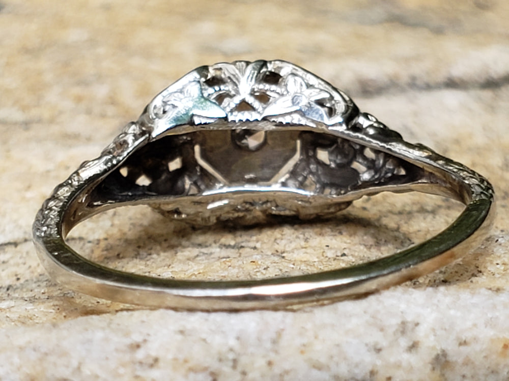 Art Deco Diamond Engagement Ring / White Gold Filigree Diamond Ring / Antique Engagement Ring