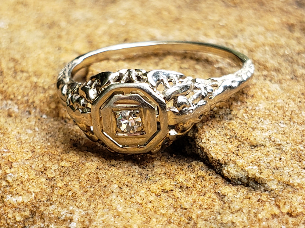 Art Deco Diamond Engagement Ring / White Gold Filigree Diamond Ring / Antique Engagement Ring