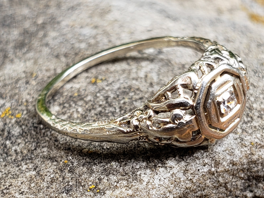 Art Deco Diamond Engagement Ring / White Gold Filigree Diamond Ring / Antique Engagement Ring
