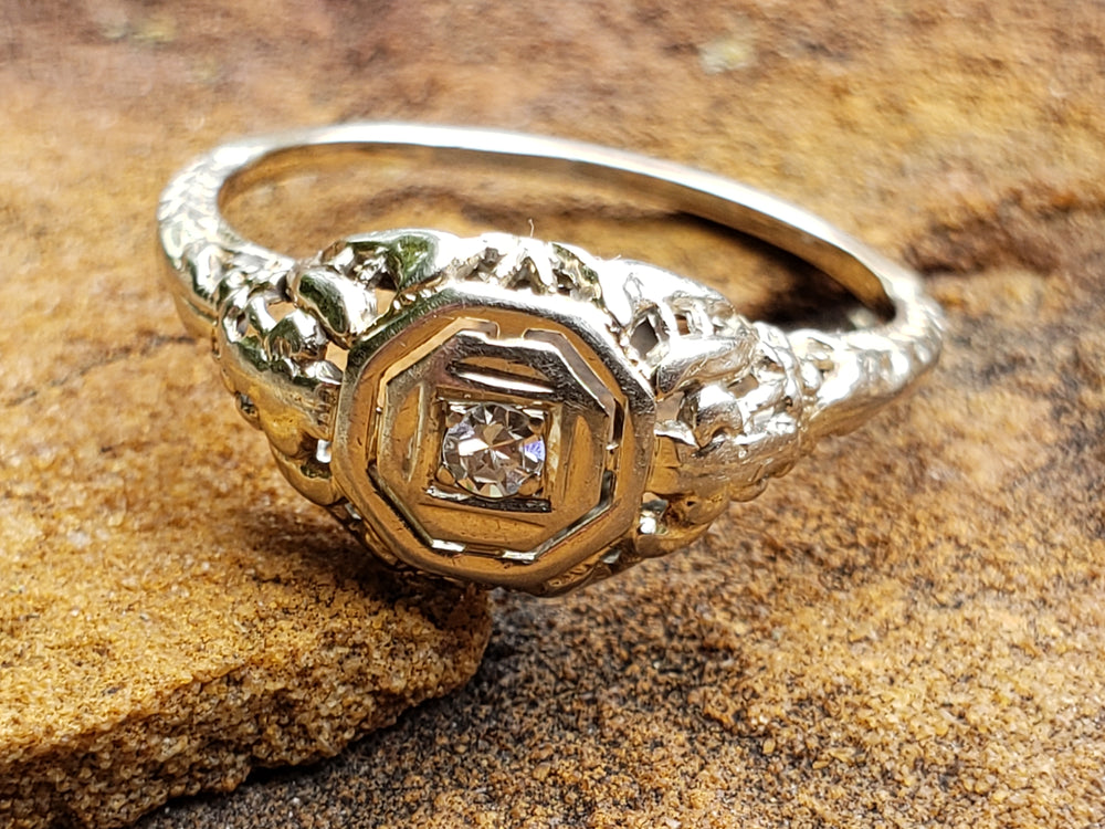 Art Deco Diamond Engagement Ring / White Gold Filigree Diamond Ring / Antique Engagement Ring