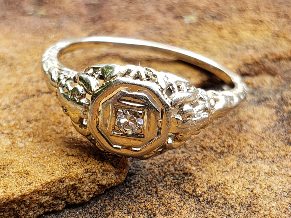 Art Deco Diamond Engagement Ring / White Gold Filigree Diamond Ring / Antique Engagement Ring