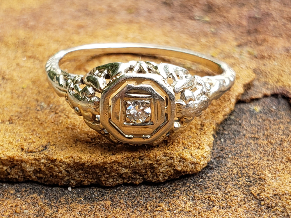 Art Deco Diamond Engagement Ring / White Gold Filigree Diamond Ring / Antique Engagement Ring
