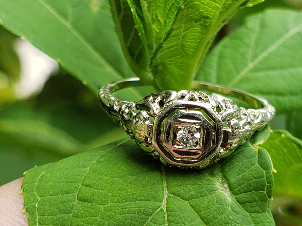 Art Deco Diamond Engagement Ring / White Gold Filigree Diamond Ring / Antique Engagement Ring