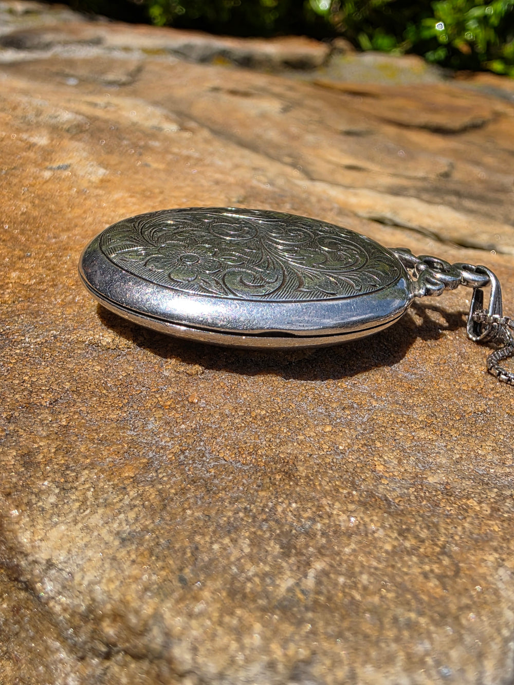 Engraved Silver Locket / Hand Engraved Oval Silver Locket / Floral Engraved Locket