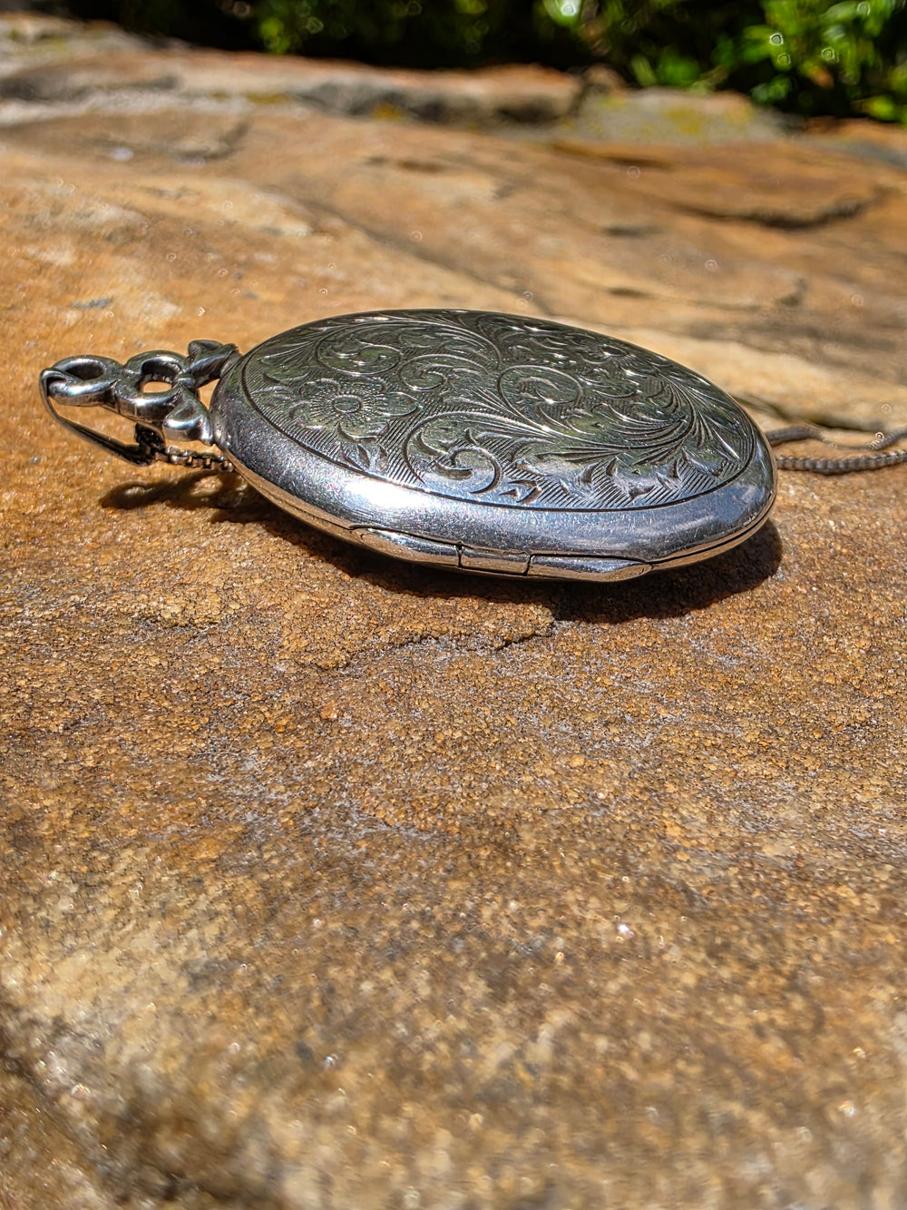 Engraved Silver Locket / Hand Engraved Oval Silver Locket / Floral Engraved Locket