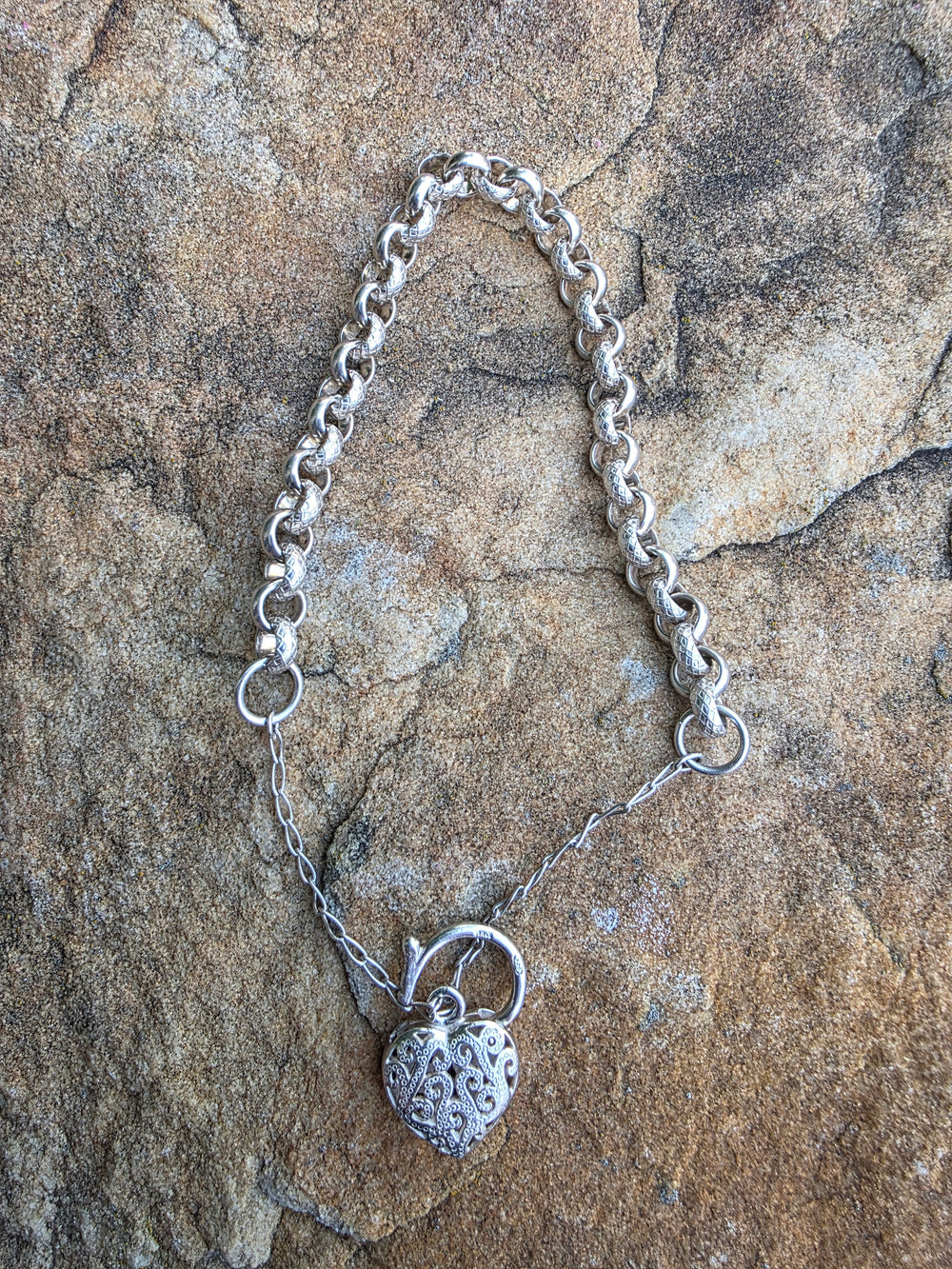 Sterling Silver Padlock Link Bracelet / Italian Made Silver Heart Lock Bracelet / Patterned Link Bracelet