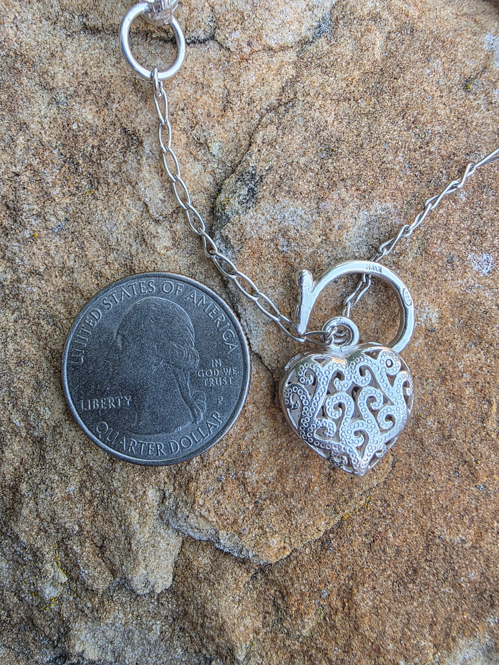 Sterling Silver Padlock Link Bracelet / Italian Made Silver Heart Lock Bracelet / Patterned Link Bracelet