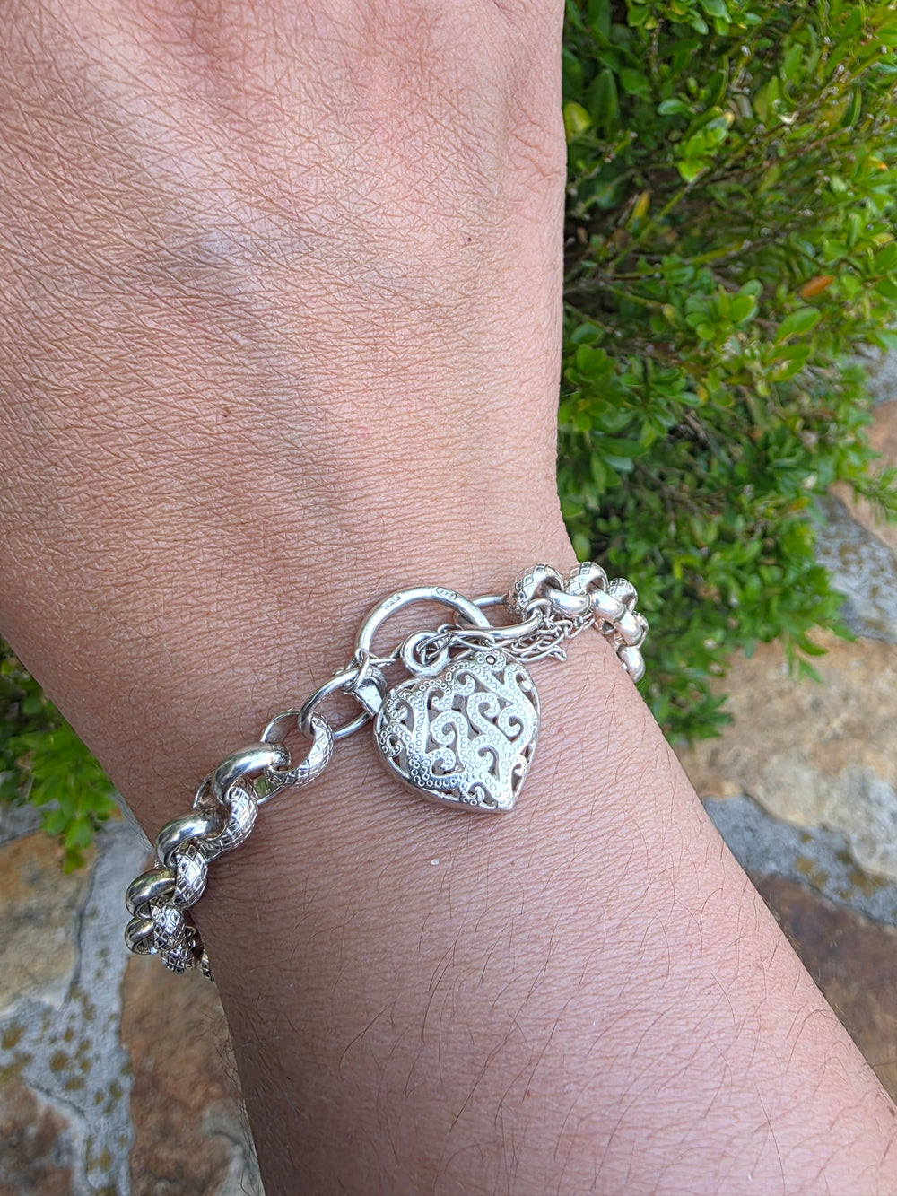 Sterling Silver Padlock Link Bracelet / Italian Made Silver Heart Lock Bracelet / Patterned Link Bracelet