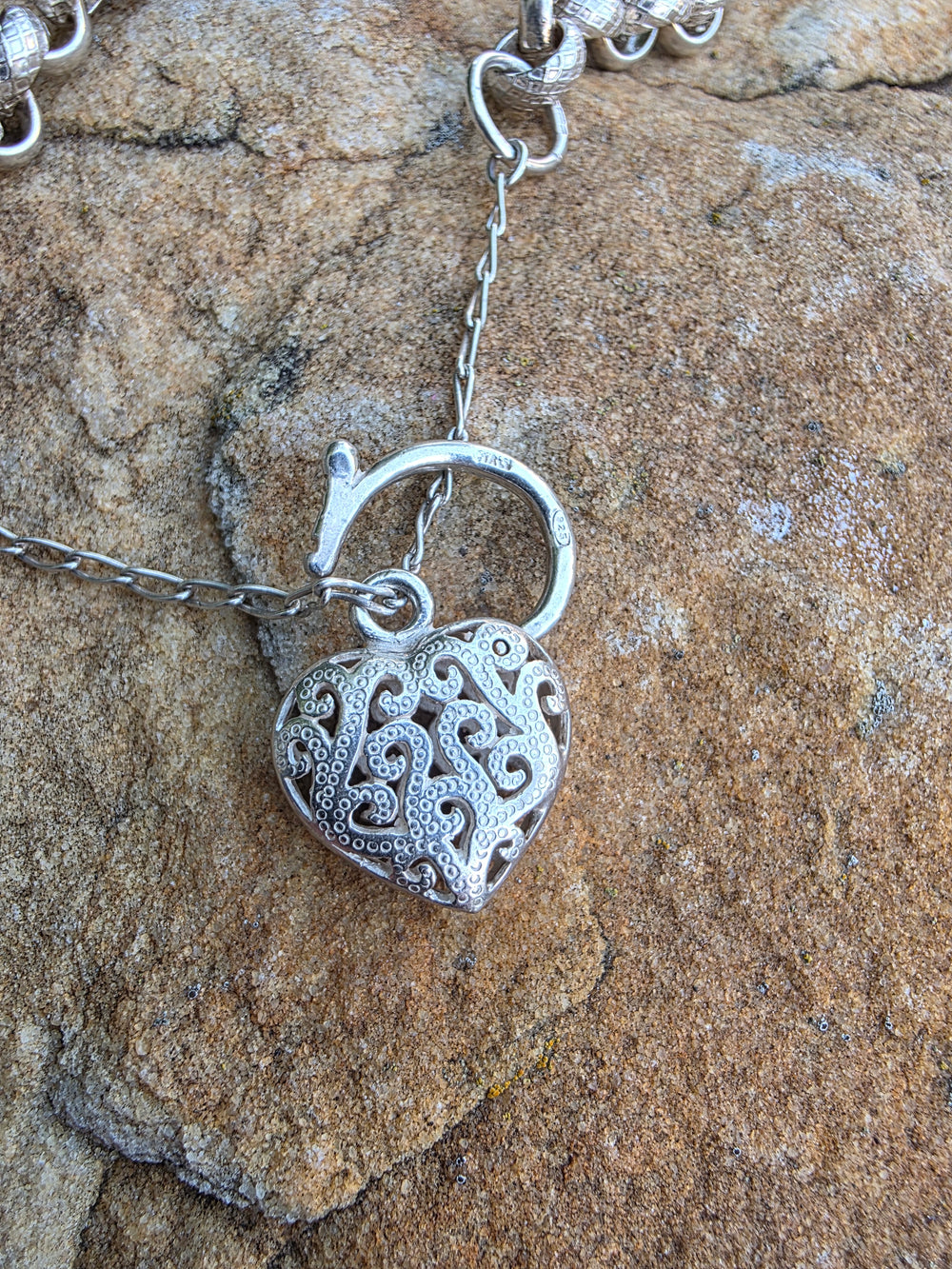 Sterling Silver Padlock Link Bracelet / Italian Made Silver Heart Lock Bracelet / Patterned Link Bracelet