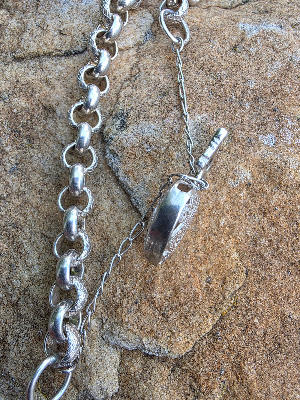 Sterling Silver Padlock Link Bracelet / Italian Made Silver Heart Lock Bracelet / Patterned Link Bracelet