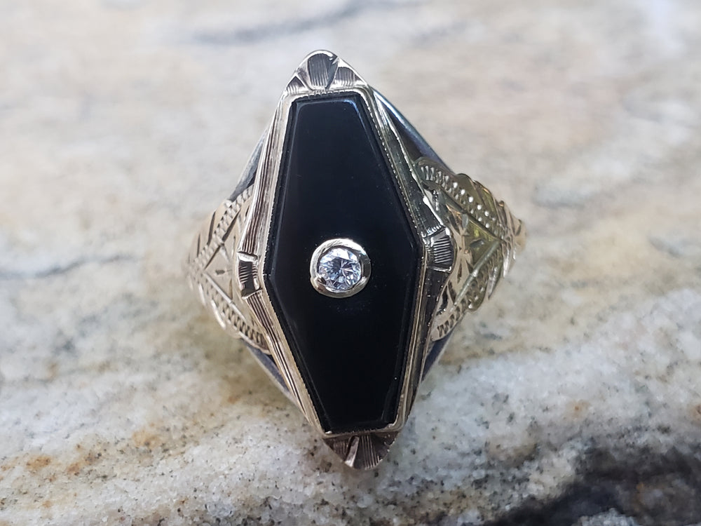 Onyx and Diamond Ring / Onyx Pinky Ring / Antique Onyx Ring / Art Deco Ring