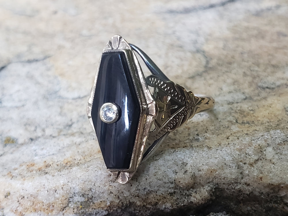 Onyx and Diamond Ring / Onyx Pinky Ring / Antique Onyx Ring / Art Deco Ring