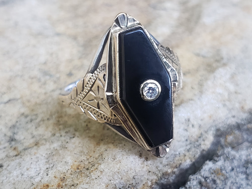 Onyx and Diamond Ring / Onyx Pinky Ring / Antique Onyx Ring / Art Deco Ring