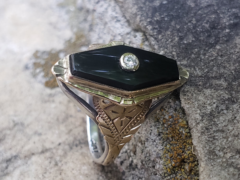 Onyx and Diamond Ring / Onyx Pinky Ring / Antique Onyx Ring / Art Deco Ring