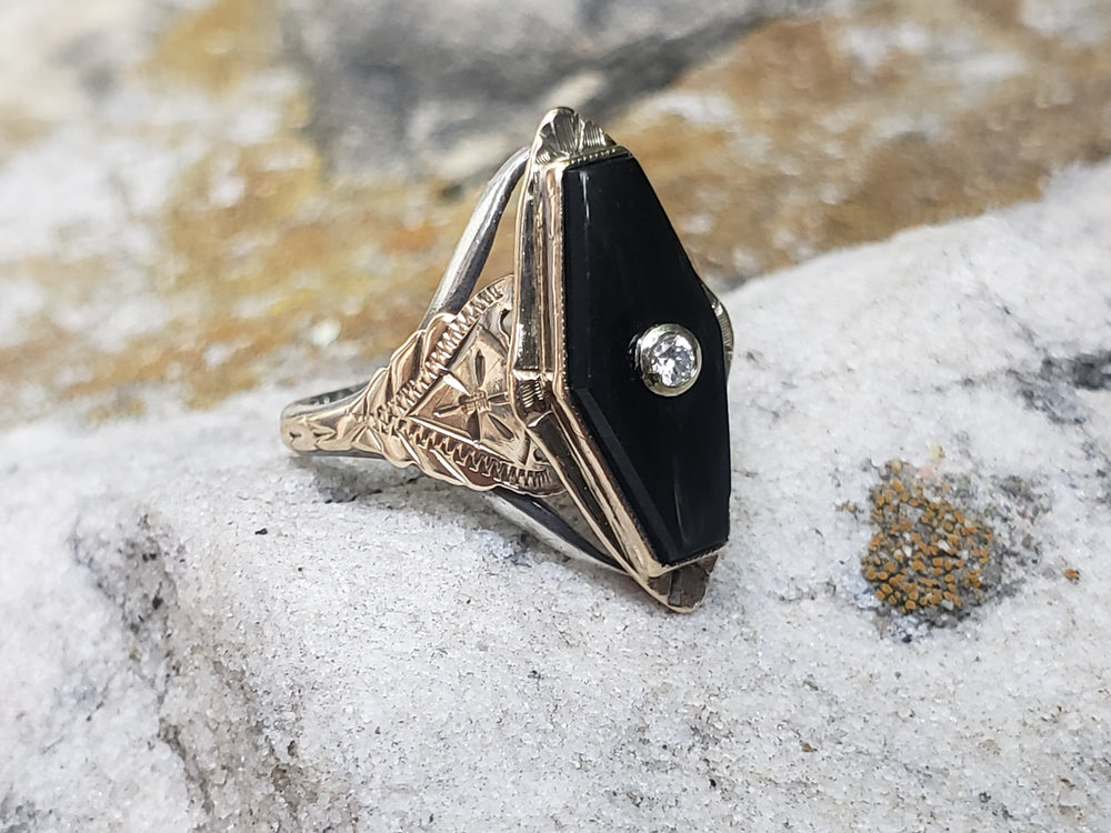 Onyx and Diamond Ring / Onyx Pinky Ring / Antique Onyx Ring / Art Deco Ring