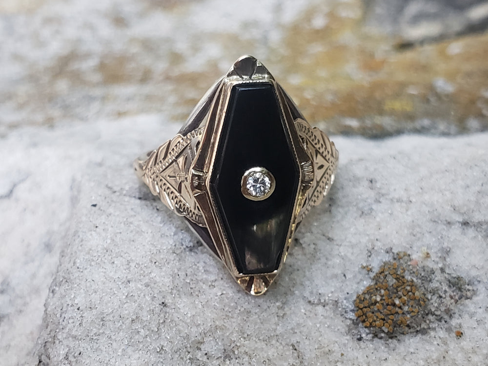 Onyx and Diamond Ring / Onyx Pinky Ring / Antique Onyx Ring / Art Deco Ring