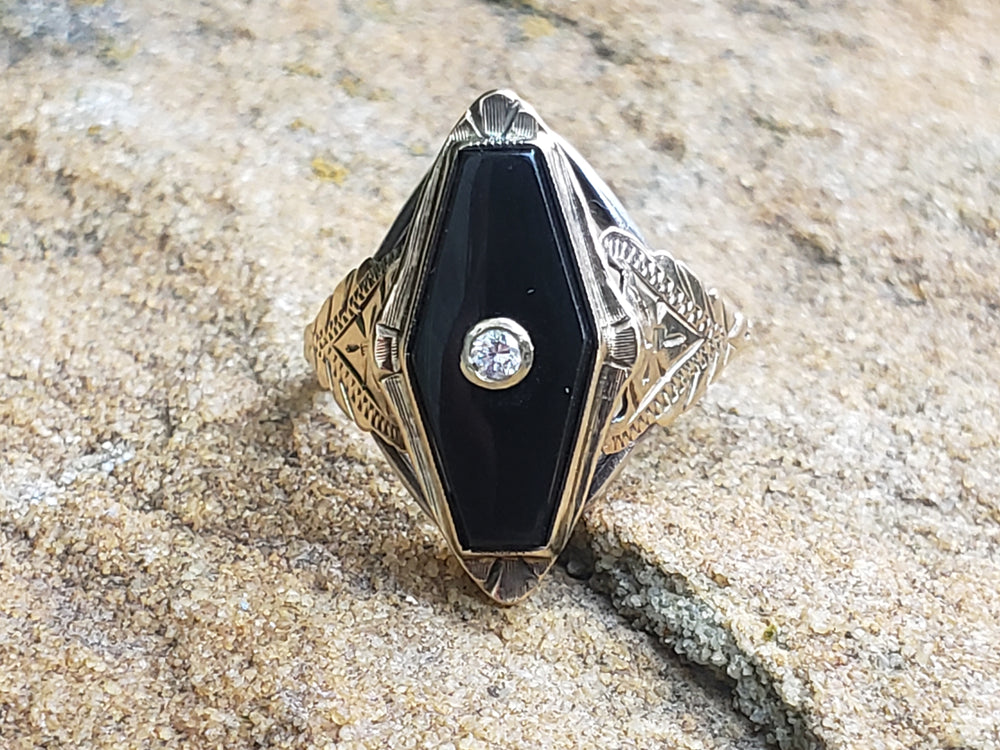 Onyx and Diamond Ring / Onyx Pinky Ring / Antique Onyx Ring / Art Deco Ring
