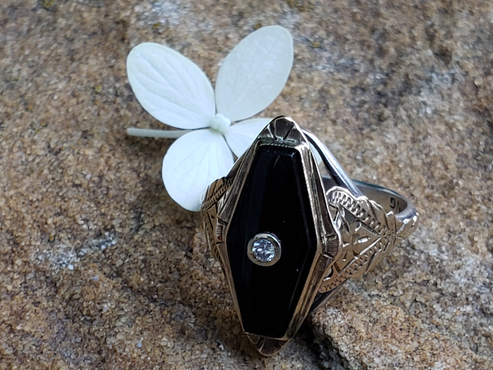 Onyx and Diamond Ring / Onyx Pinky Ring / Antique Onyx Ring / Art Deco Ring