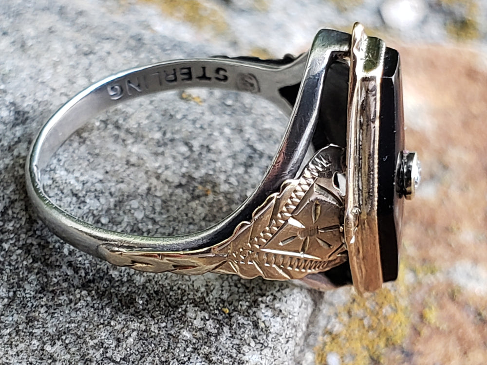 Onyx and Diamond Ring / Onyx Pinky Ring / Antique Onyx Ring / Art Deco Ring