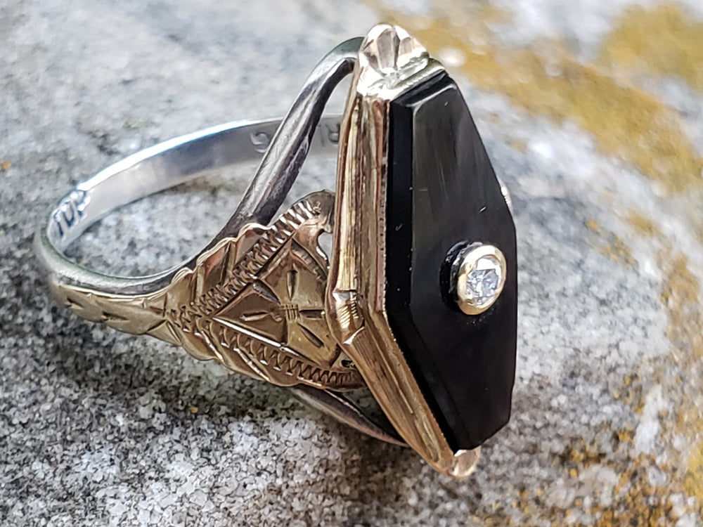 Onyx and Diamond Ring / Onyx Pinky Ring / Antique Onyx Ring / Art Deco Ring
