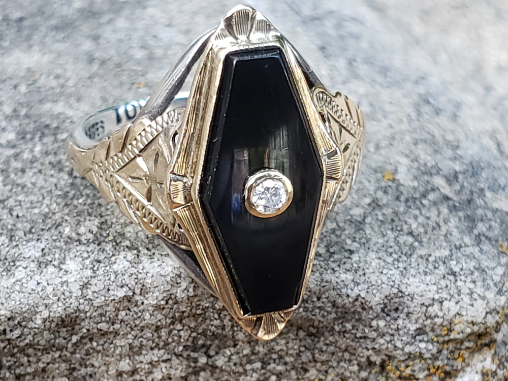 Onyx and Diamond Ring / Onyx Pinky Ring / Antique Onyx Ring / Art Deco Ring