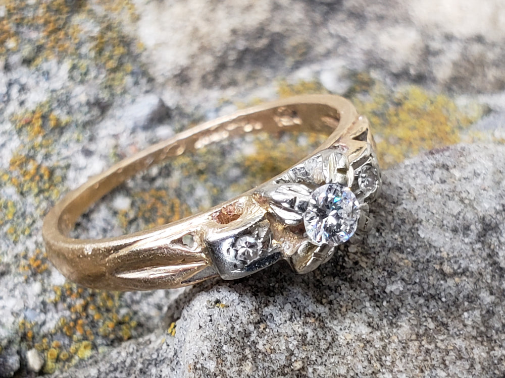 Illusion set engagement ring / Vintage 1940s Engagement Ring / Two Tone Engagement Ring