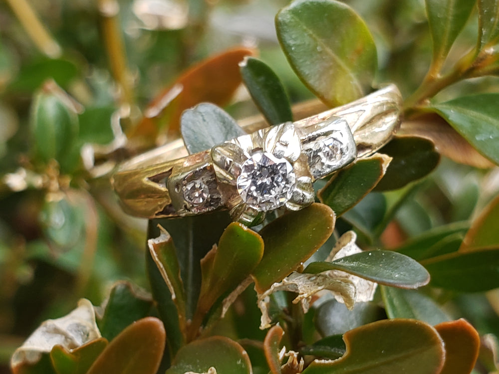 Illusion set engagement ring / Vintage 1940s Engagement Ring / Two Tone Engagement Ring