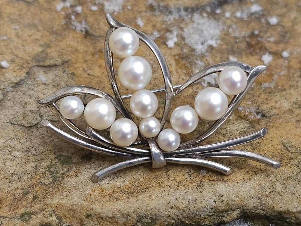 circa 1940s Mikimoto Akoya Pearl Brooch / Sterling Silver and Japanese Cultured Pearl Brooch / Cultured Pearls