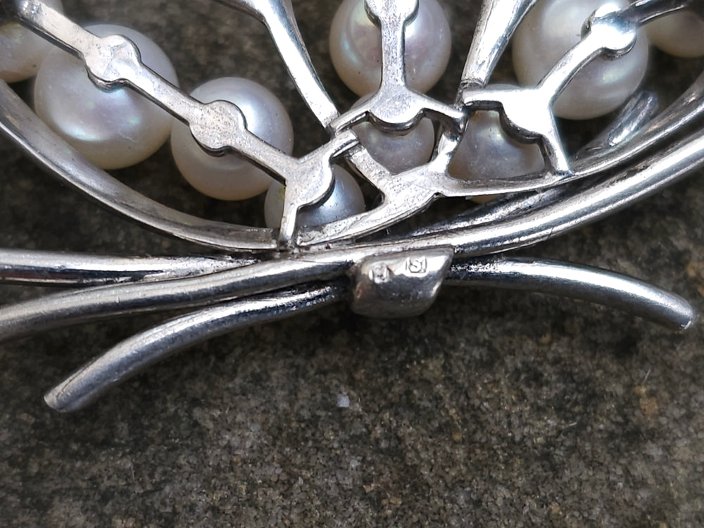 circa 1940s Mikimoto Akoya Pearl Brooch / Sterling Silver and Japanese Cultured Pearl Brooch / Cultured Pearls