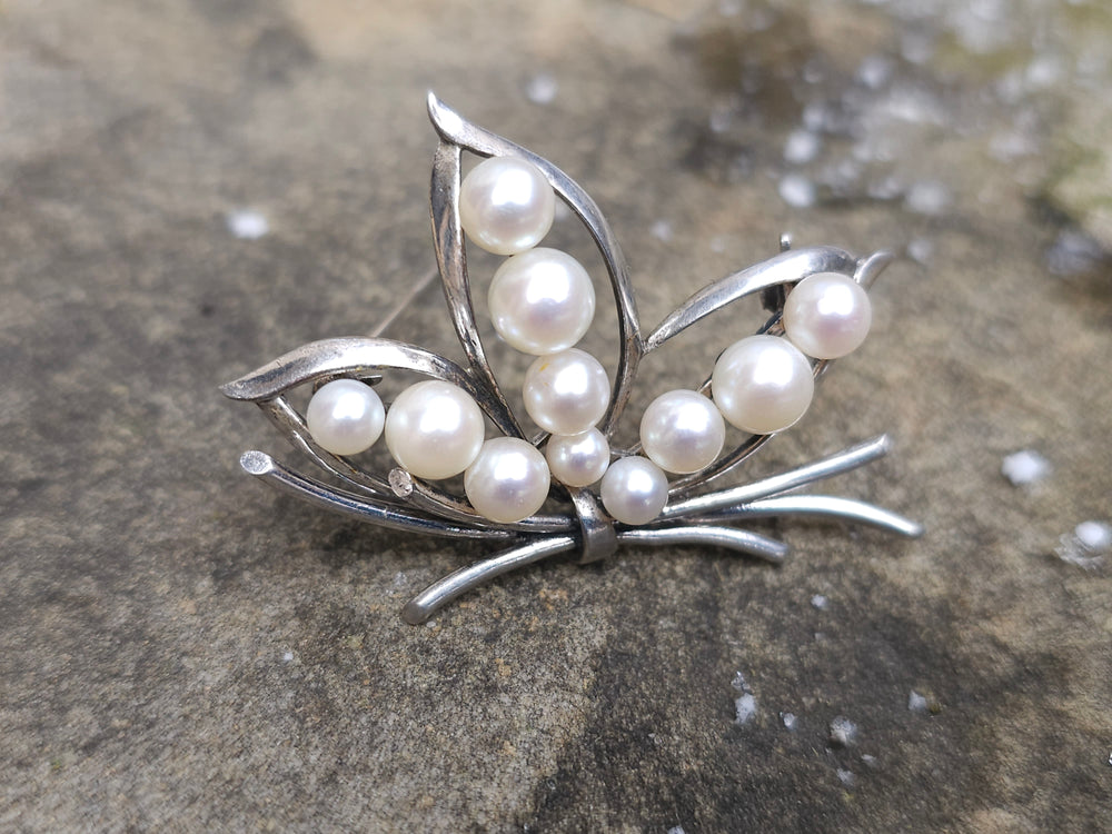 circa 1940s Mikimoto Akoya Pearl Brooch / Sterling Silver and Japanese Cultured Pearl Brooch / Cultured Pearls