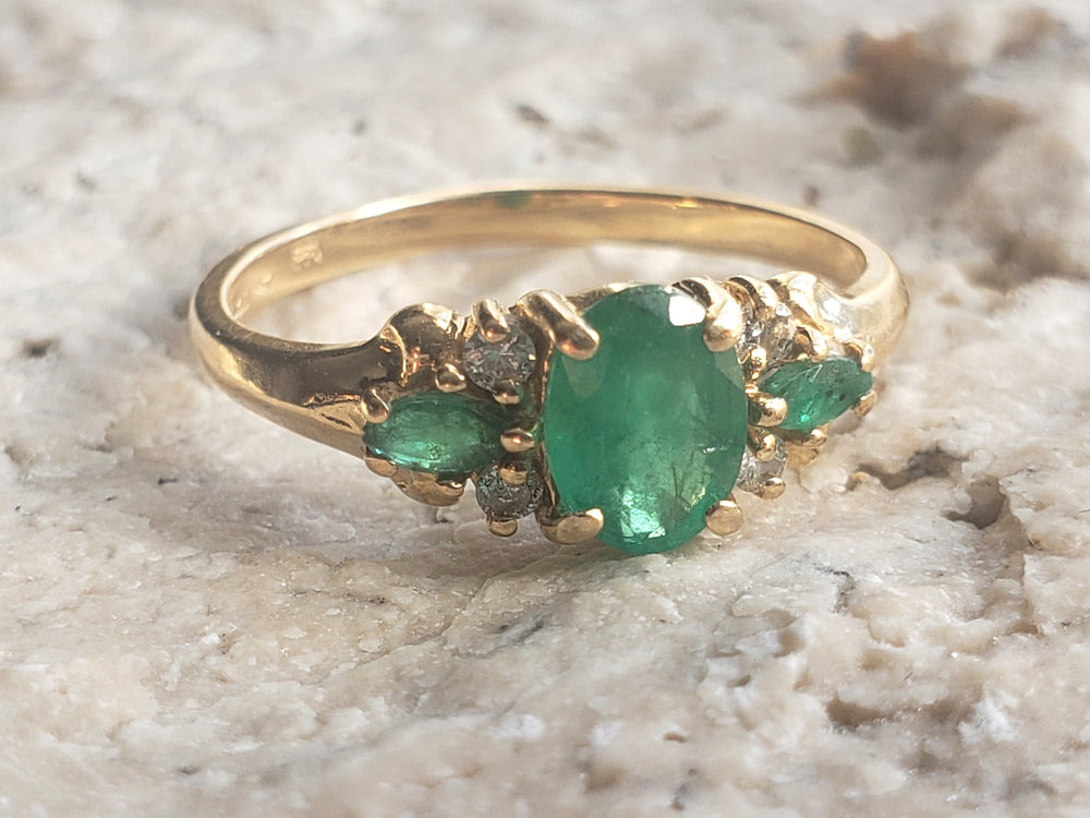 Diamond and Garnet and Glass Doublet Ring / Simulated Emerald