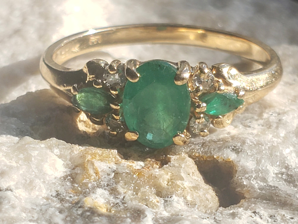 Diamond and Garnet and Glass Doublet Ring / Simulated Emerald