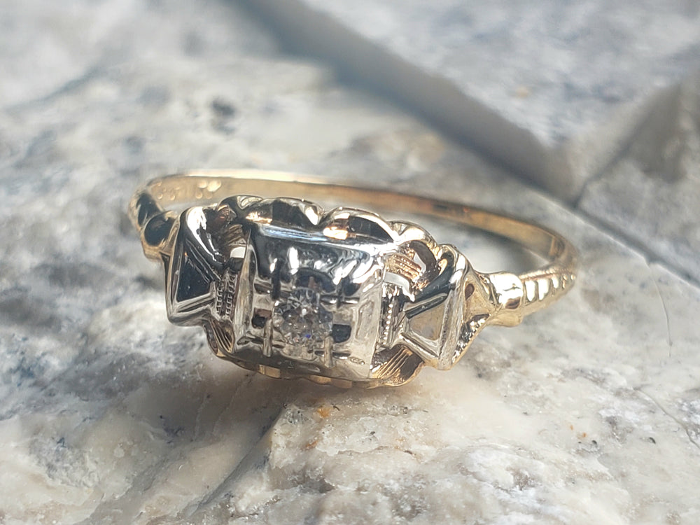 Vintage Diamond Engagement Ring / Illusion Set Diamond Ring / Two-Tone Gold Ring