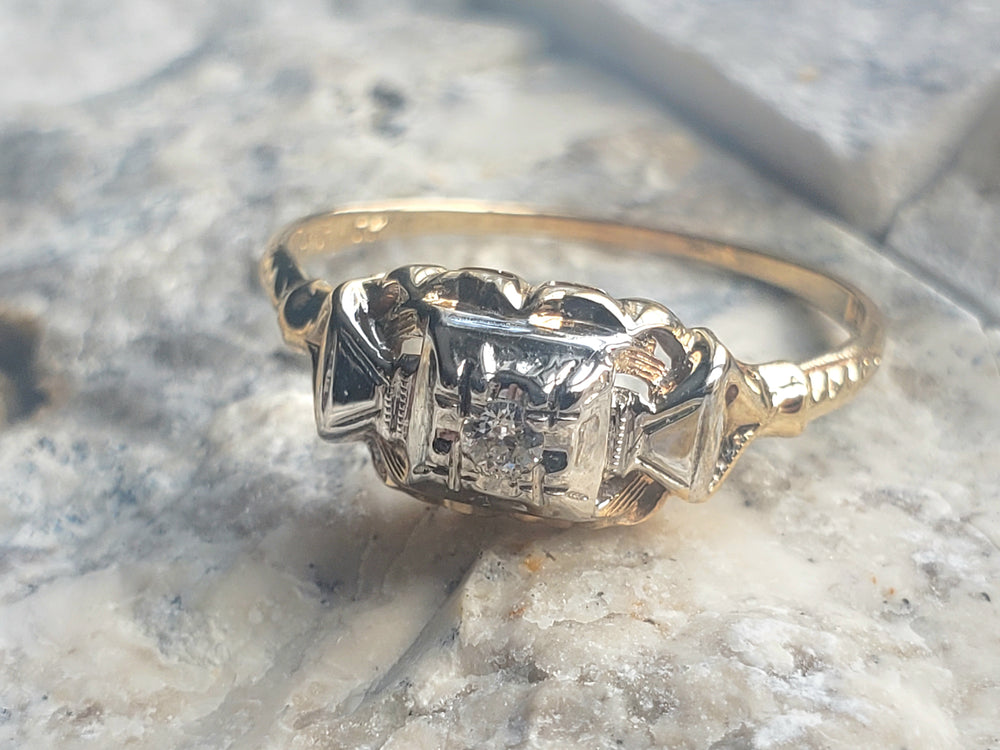 Vintage Diamond Engagement Ring / Illusion Set Diamond Ring / Two-Tone Gold Ring