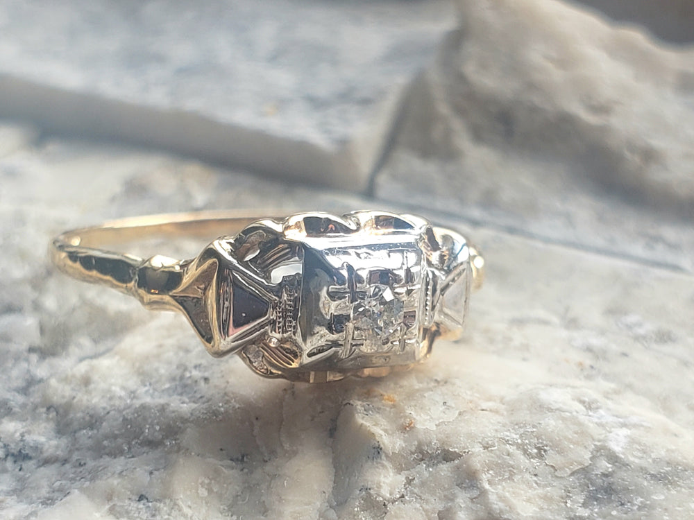 Vintage Diamond Engagement Ring / Illusion Set Diamond Ring / Two-Tone Gold Ring