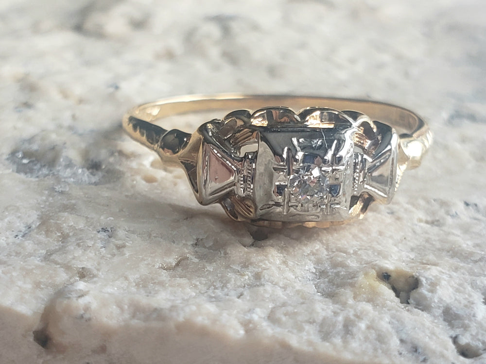 Vintage Diamond Engagement Ring / Illusion Set Diamond Ring / Two-Tone Gold Ring