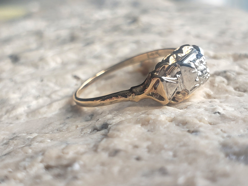 Vintage Diamond Engagement Ring / Illusion Set Diamond Ring / Two-Tone Gold Ring