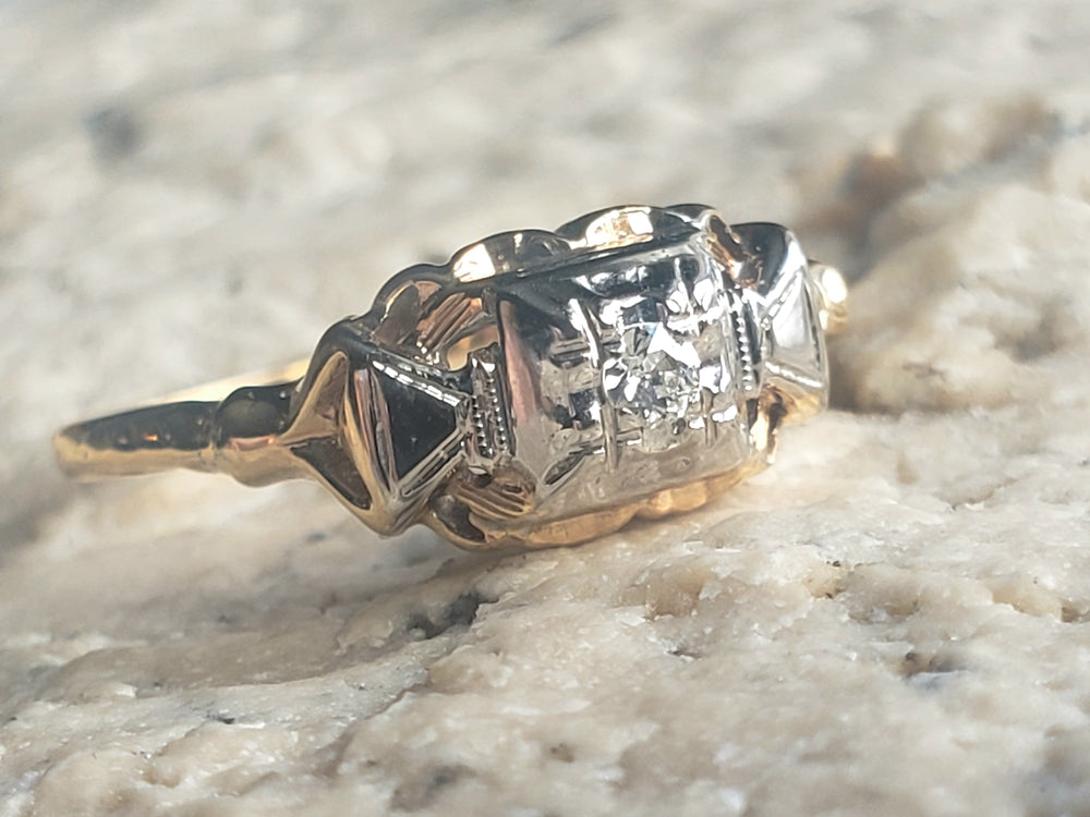 Vintage Diamond Engagement Ring / Illusion Set Diamond Ring / Two-Tone Gold Ring