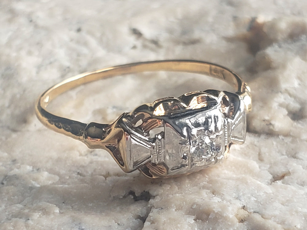 Vintage Diamond Engagement Ring / Illusion Set Diamond Ring / Two-Tone Gold Ring