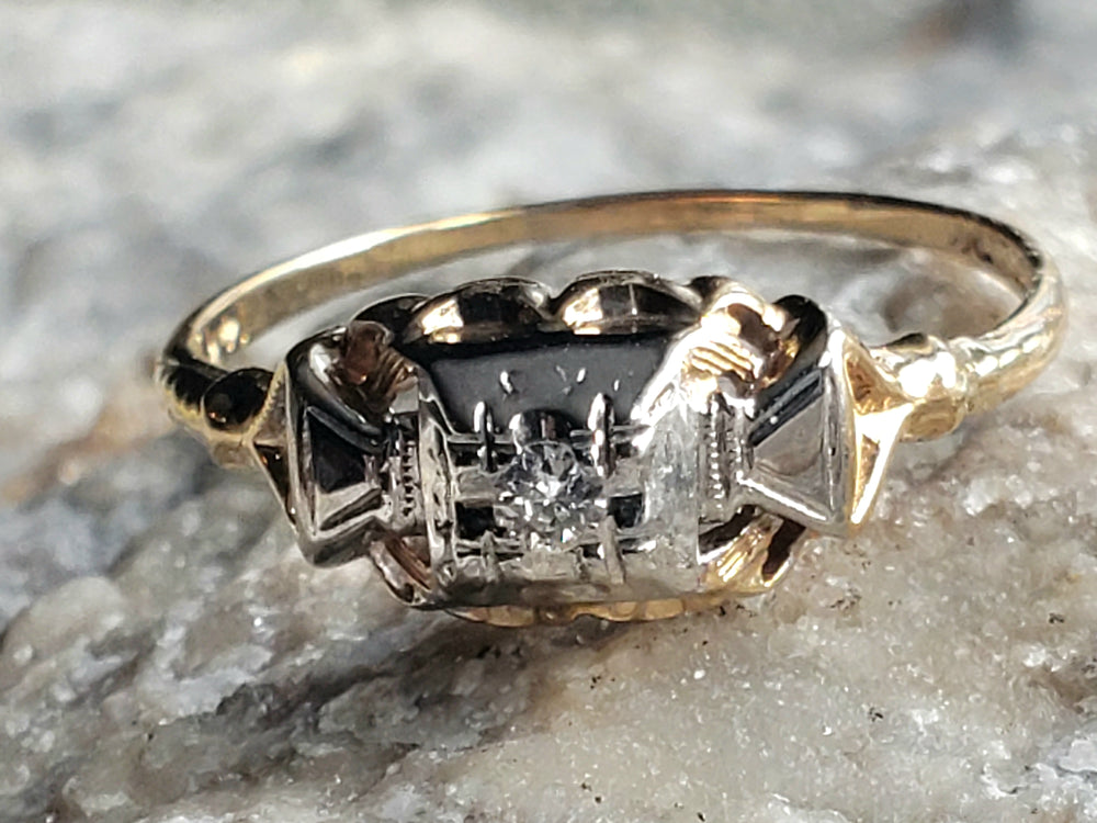 Vintage Diamond Engagement Ring / Illusion Set Diamond Ring / Two-Tone Gold Ring