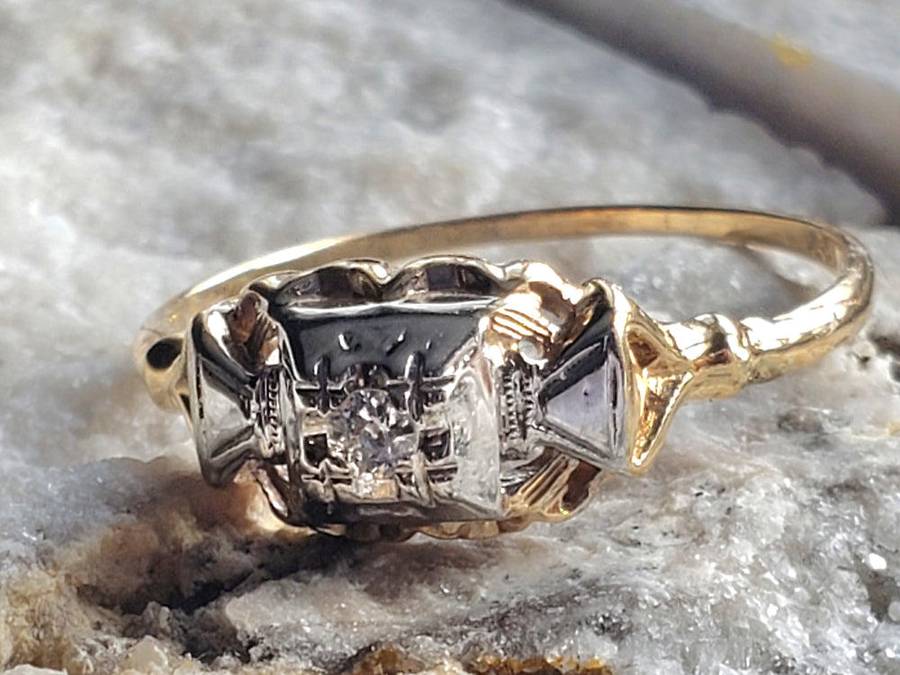 Vintage Diamond Engagement Ring / Illusion Set Diamond Ring / Two-Tone Gold Ring