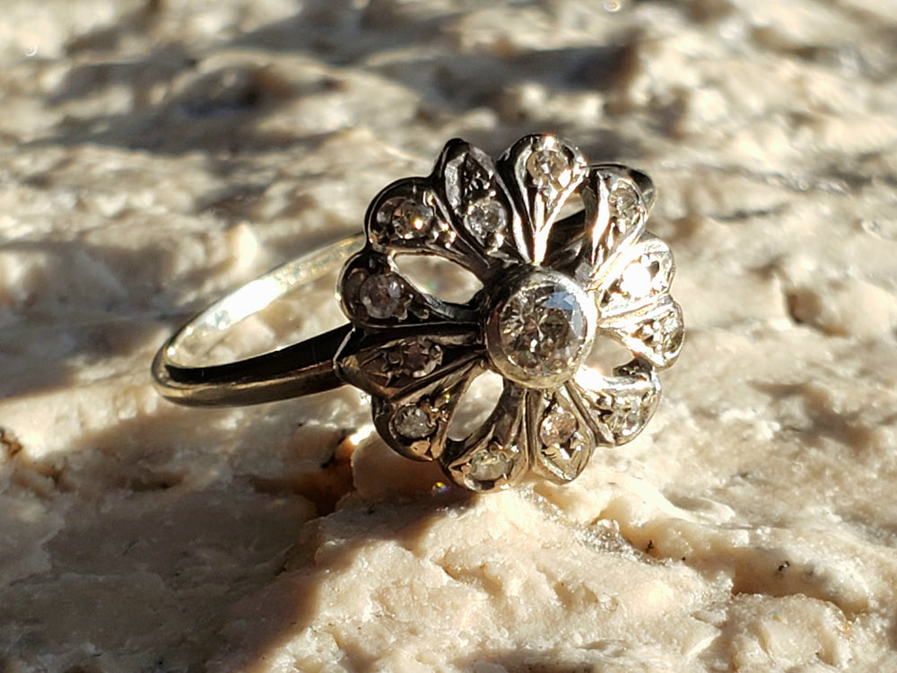 Edwardian Diamond Flower Ring / Antique Diamond Cluster Ring