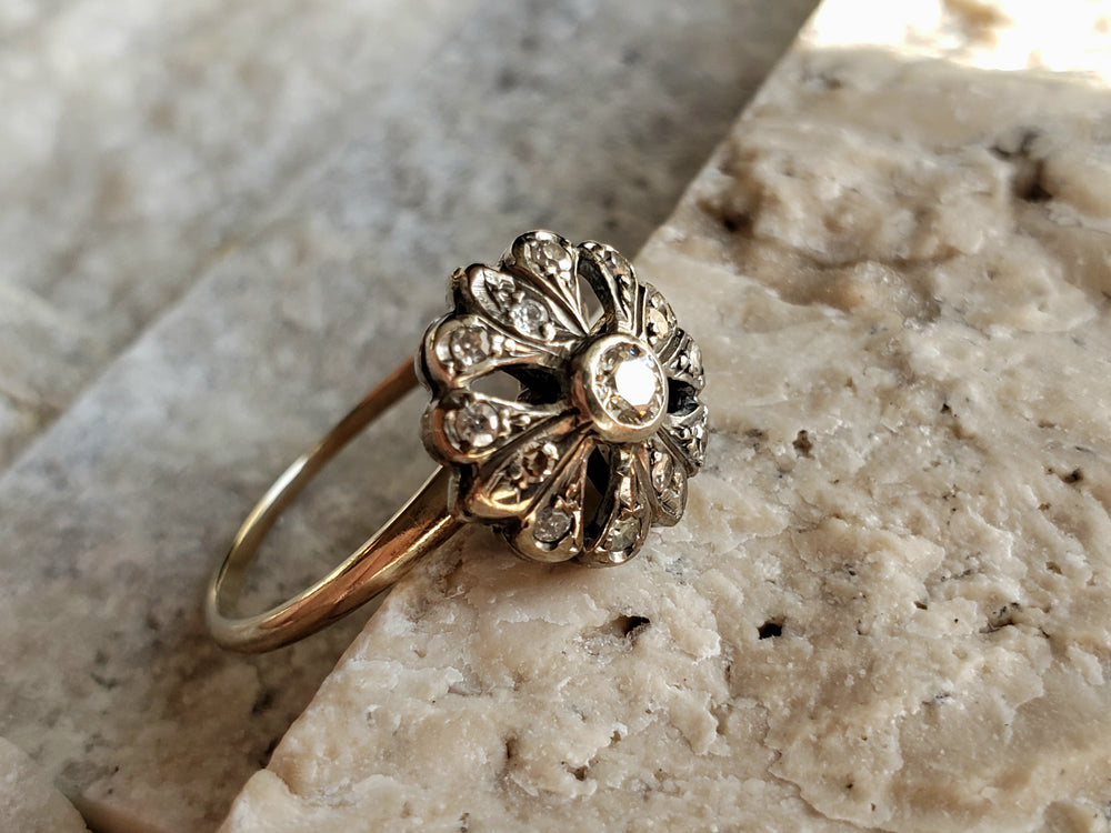 Edwardian Diamond Flower Ring / Antique Diamond Cluster Ring