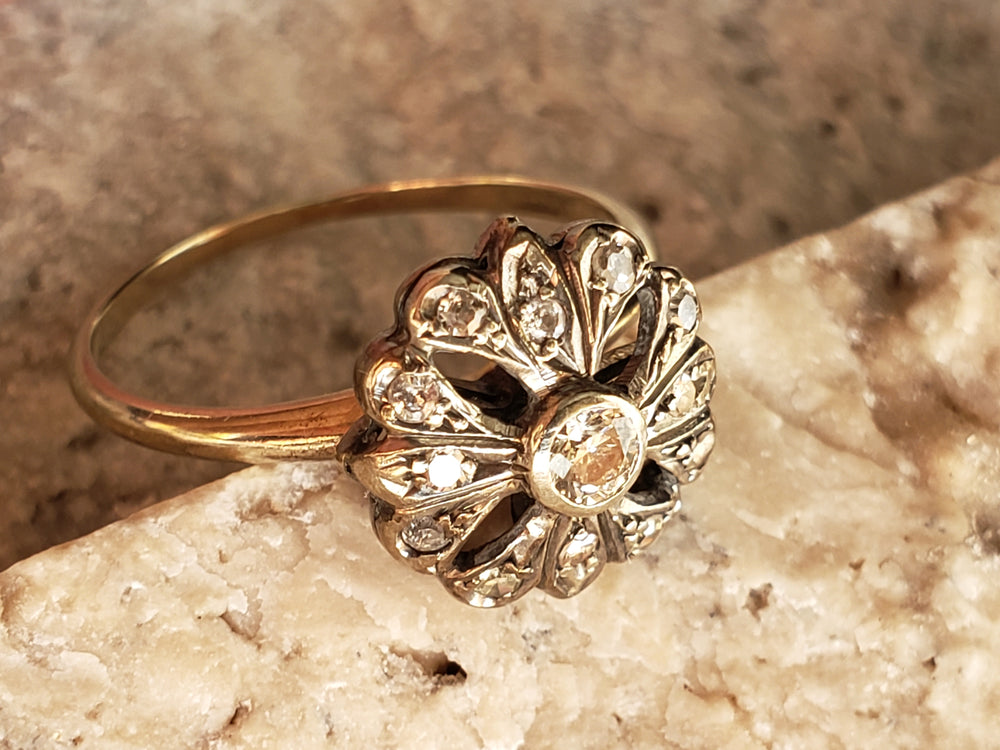 Edwardian Diamond Flower Ring / Antique Diamond Cluster Ring