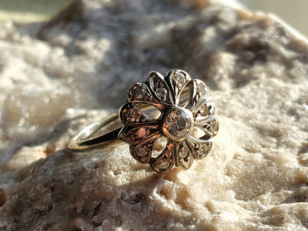 Edwardian Diamond Flower Ring / Antique Diamond Cluster Ring