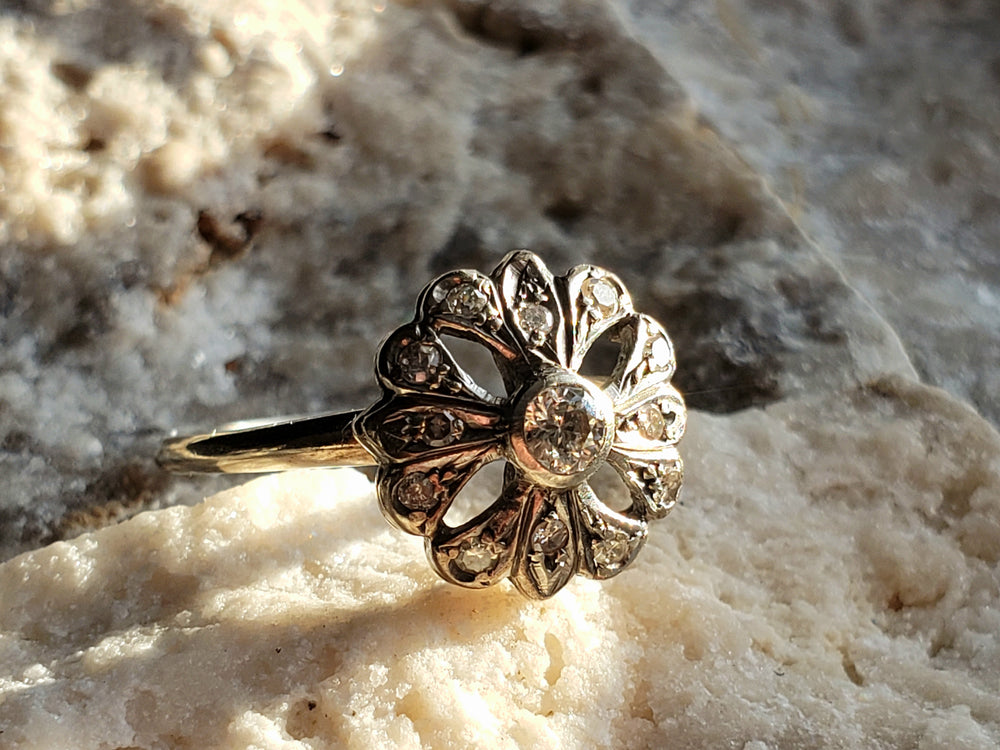Edwardian Diamond Flower Ring / Antique Diamond Cluster Ring