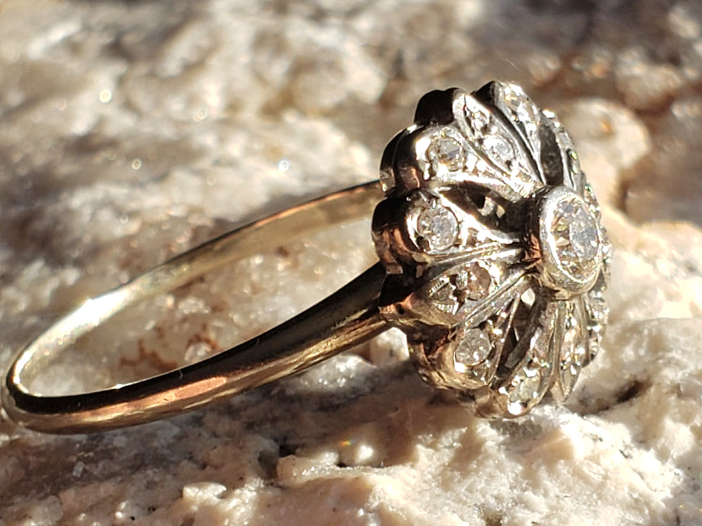 Edwardian Diamond Flower Ring / Antique Diamond Cluster Ring