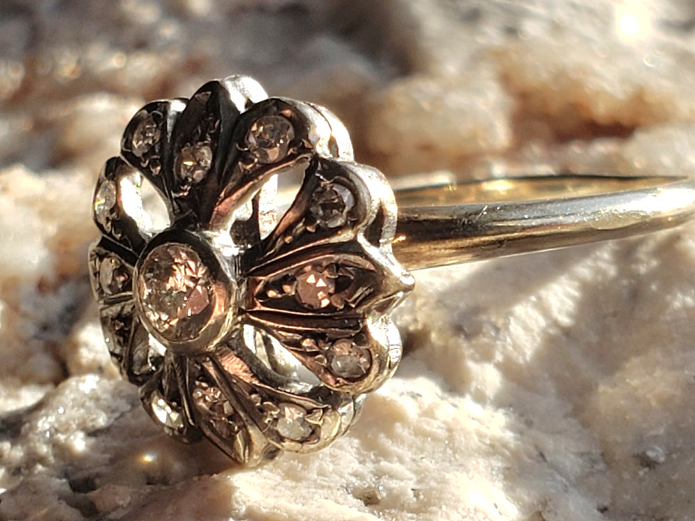 Edwardian Diamond Flower Ring / Antique Diamond Cluster Ring